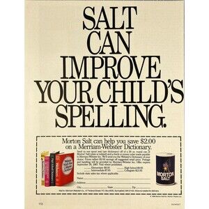 Morton Salt "Salt Can Improve Your Child's Spelling" Vintage Print Ad 1986